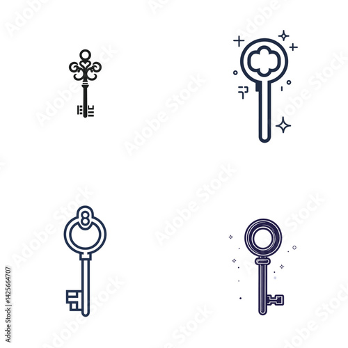 Assorted Line Art Key Set, Vintage and Modern Designs on Transparent Background