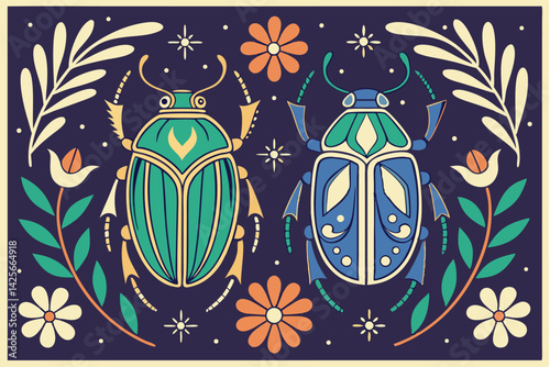 Two Stylized Scarab Beetles Illustration Insect Anatomy and Nature Art
