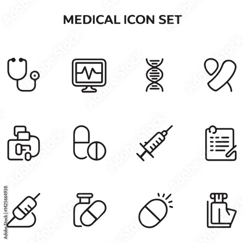Set of Medical web icons in line black style. Medicine and Health Care, RX. Medicine, check, doctor, dentistry, pharmacy, lab, scientific discovery, collection. with white background