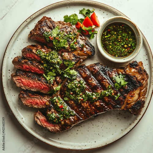 Grilled Sliced Steak with Chimichurri Sauce and Cilantro Garnish