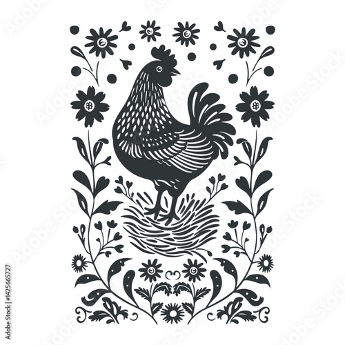 Vector linocut floral poster template with chiken. Modern trendy minimal style. Black and white colors. Botanical blockprint. Design for wallpaper, wall decor, print, postcard, cover, template.