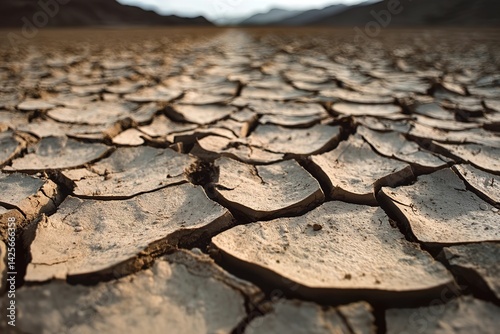 Photograph of a dried-up desert with cracked earth, symbolizing water scarcity and climate change.