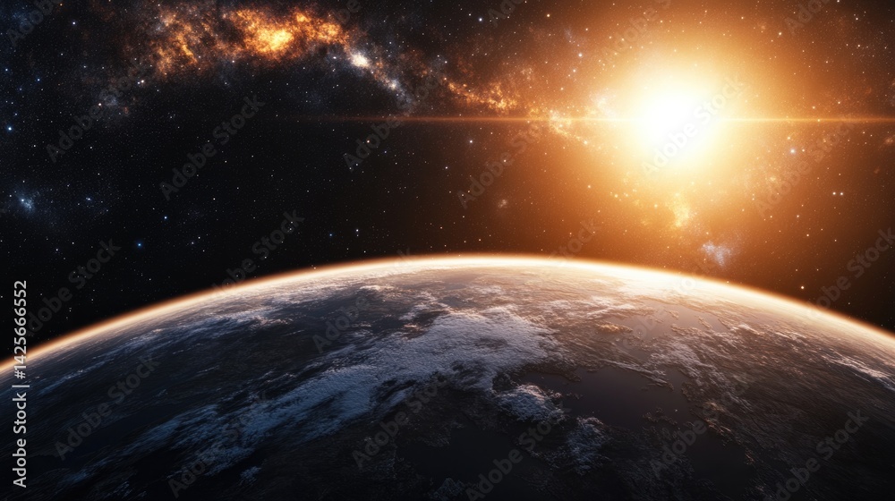 Obraz premium Panoramic view of earth with sun star and galaxy in space setting for cosmic exploration and education