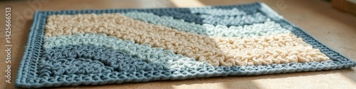 Handcrafted patchwork crochet rug with geometric design in blue, beige, and green