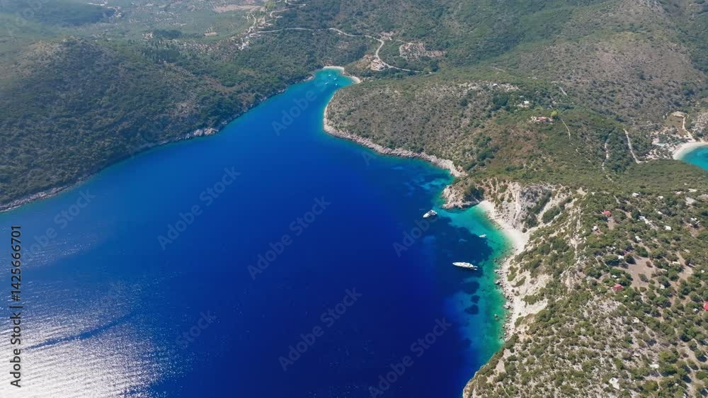Overhead of Hulla and Sarakiniko Beach coastline on Ithaca Island, Greece Overhead of Hulla and Sarakiniko Beach coastline on Ithaca Island, Greece