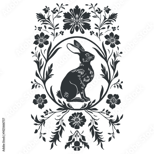 Vector linocut floral poster template with rabbits. Modern trendy minimal style. Black and white colors. Botanical blockprint. Design for wallpaper, wall decor, print, postcard, cover, template.