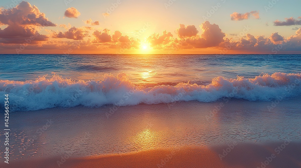 Fototapeta premium Golden Sunrise over Gentle Ocean Waves on Sandy Beach