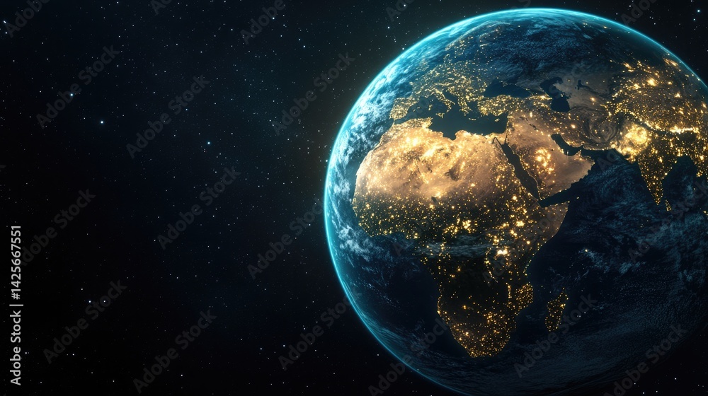 Naklejka premium Stunning view of planet earth from space highlighting europe and asia at night with illuminated cities and atmospheric clouds