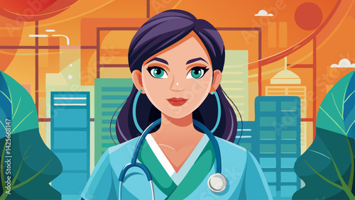 beautiful closeup of a doctor in scrubs with a stethoscope draped around their neck.