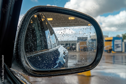 Wet car side mirror reflecting gas station on rainy day