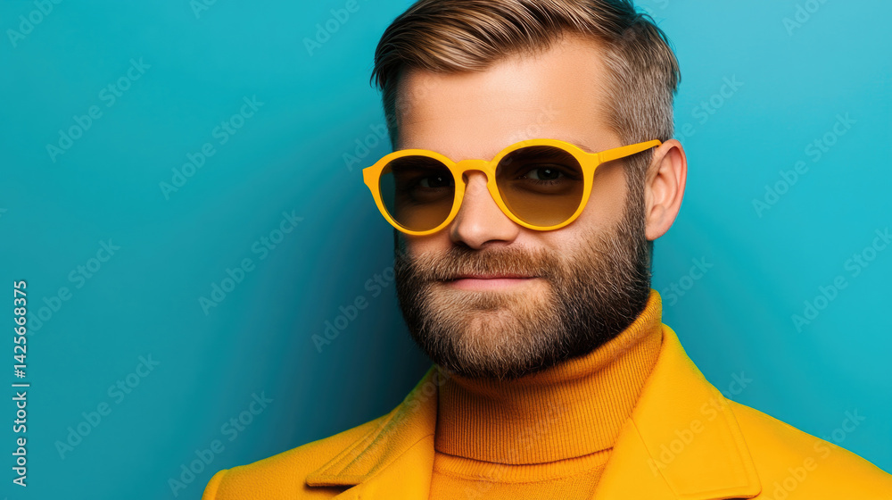Trendy portrait of a smiling hipster man with stylish beard and sunglasses against vibrant blue background Trendy portrait of a smiling hipster man with stylish beard and sunglasses against vibrant blue background
