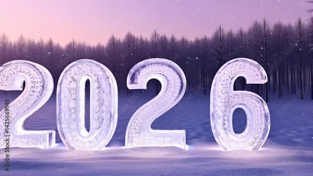 Large transparent icy numbers stand on snow field with trees in background and pink sky Concept of seasonal celebration and winter transition