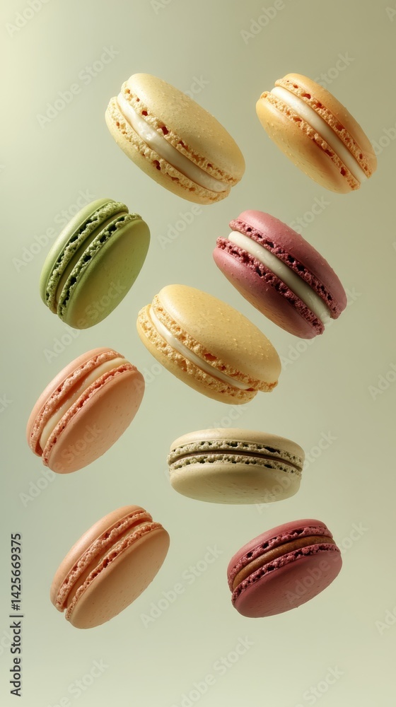 Floating Macarons: A delightful collection of colorful macarons, suspended in mid-air against a soft, muted background, showcasing their delicate texture and vibrant hues.