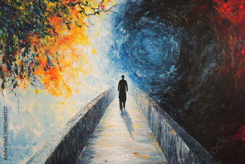 Businessman walking on bridge to the unknown in surreal painting