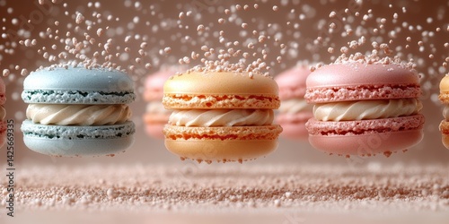 Macarons Delight: A captivating close-up showcases an array of colorful macarons, their delicate shells and creamy fillings promising pure indulgence. Sugar dusts the air.