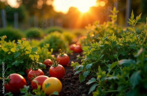Photorealistic image of a well-kept garden at sunset. Warm colors, juicy tomatoes, fresh greenery.