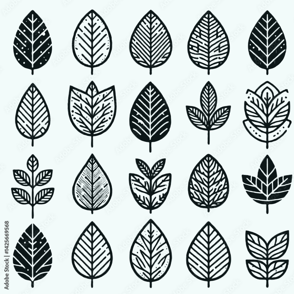 Fototapeta premium leaf line icon set black and white