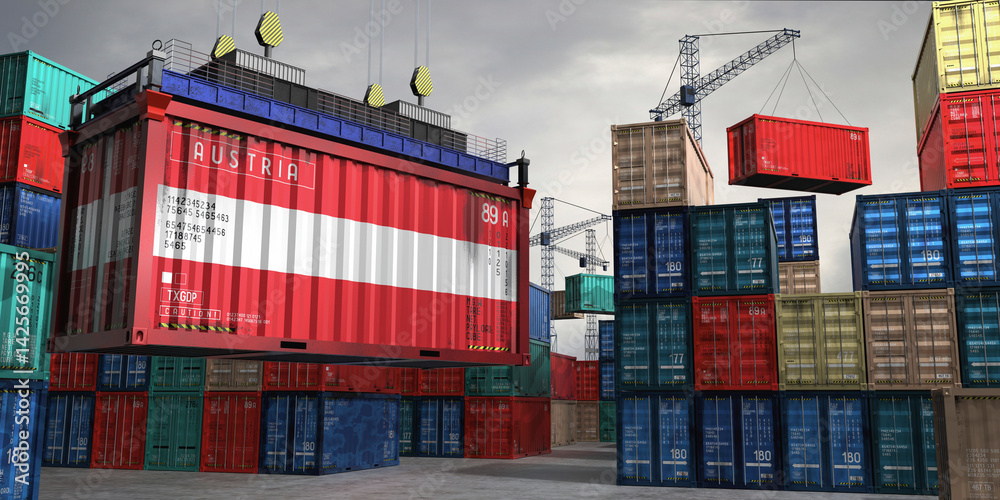 Fototapeta premium Cargo container with flag of Austria lifted by crane at freight terminal - 3D illustration