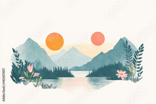 Twin suns setting behind mountains over a lake with flowers and plants