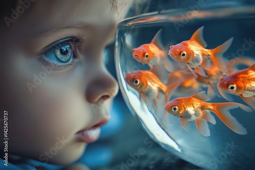 A photorealistic image of a child gazing curiously at a goldfish bowl, their face reflecting on the glass