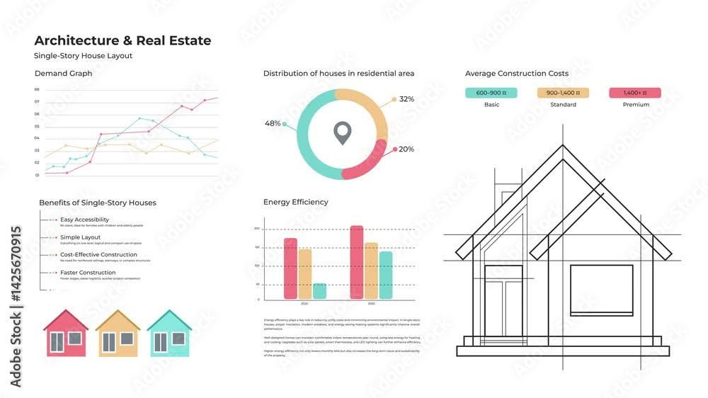 Animated real estate infographic interface with architectural graphs and colorful charts on white background, showing house construction statistics, residential distribution, and energy efficiency
