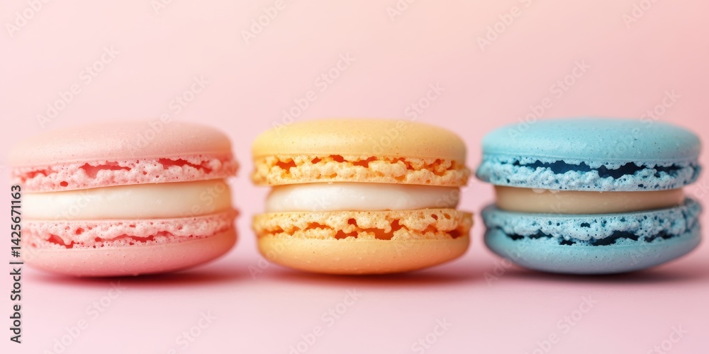 Macarons Delight: A close-up shot features three colorful macarons with delicate shells and creamy fillings, showcasing their aesthetic appeal and culinary charm.