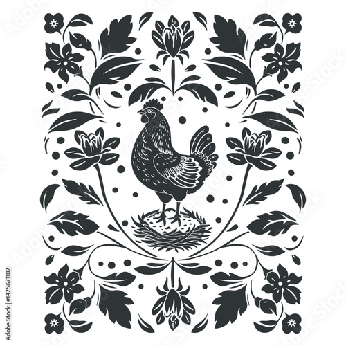 Vector linocut floral poster template with chiken. Modern trendy minimal style. Black and white colors. Botanical blockprint. Design for wallpaper, wall decor, print, postcard, cover, template.