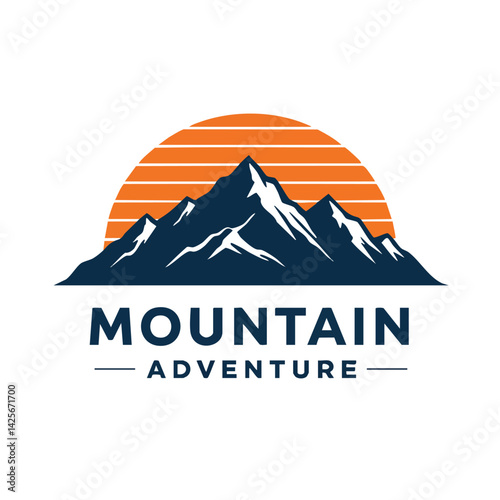 Mountain Peaks with Striped Sunrise - Adventure Logo
