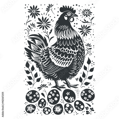 Vector linocut floral poster template with chiken. Modern trendy minimal style. Black and white colors. Botanical blockprint. Design for wallpaper, wall decor, print, postcard, cover, template.