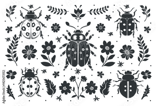 Vector linocut poster template with lady bug. Modern trendy minimal style. Black and white colors. Botanical blockprint. Design for wallpaper, wall decor, print, postcard, cover, template.
