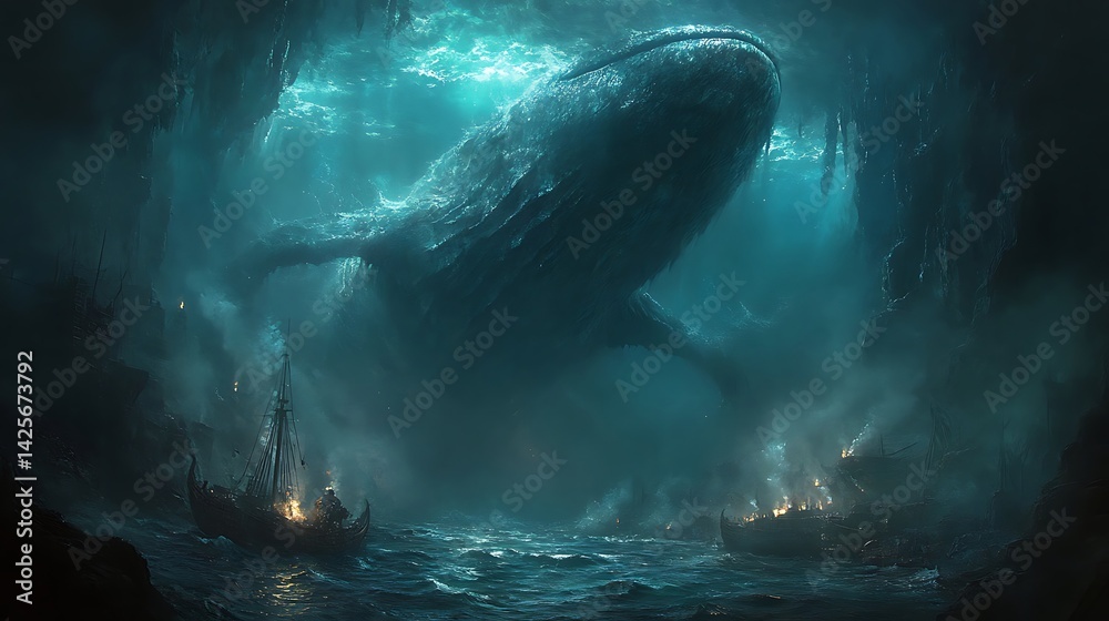 Fototapeta premium Massive whale in a mystical underwater cavern.