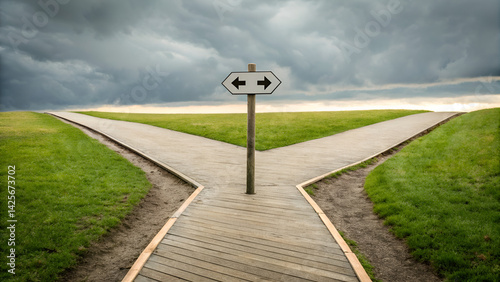 Frugal Living Saving Budgeting A signpost at a crossroad under a stormy sky, symbolizing choices and uncertainty.