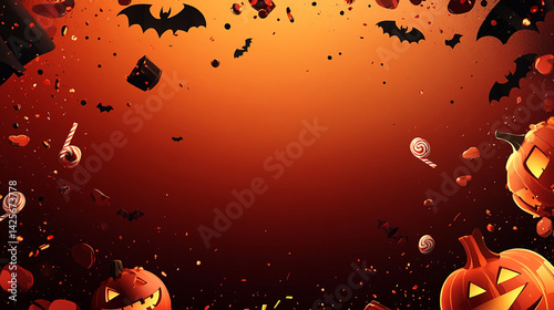 vibrant orange halloween background with pumpkins bats and candy
