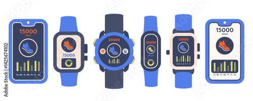 Step tracking. Set of Smartphone and Smart watch with pedometer app. Step counter on digital elements. Smartphone screen with Activity tracker icon. Notification. Wellness and healthy concept. Vector