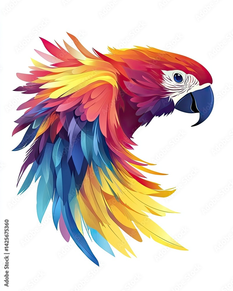 Obraz premium A vibrant and colorful illustration of a parrot's head showcasing intricate feather details, set against a plain background, ideal for nature-themed designs or educational materials