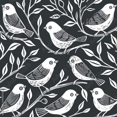 Vector linocut floral poster template with birds. Modern trendy minimal style. Black and white colors. Botanical blockprint. Pattern design for wallpaper, wall decor, print, postcard, cover, template.