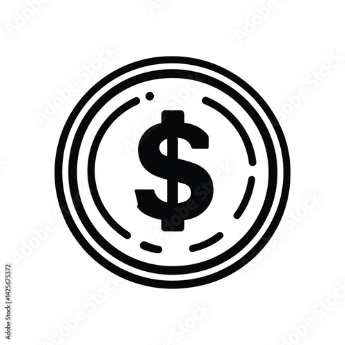Dollar Sign Round Coin Black Icon with Simple Design on Transparent Background