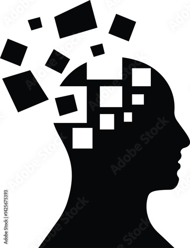 human head with puzzle pieces icon. a silhouette of a man's head with squares coming out of it, isolated on white background. in trendy style. Vector ilustration