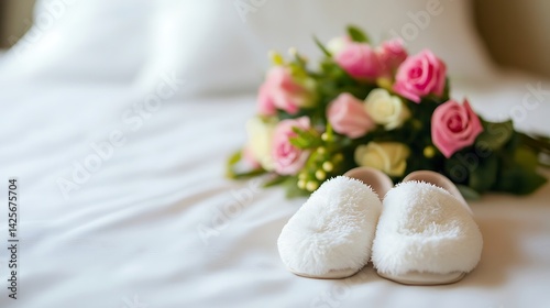 Cozy slippers by the bedside with a fresh bouquet of flowers nearby, soft morning light creating a peaceful and loving atmosphere, perfect for celebrating Mother’s Day or showing appreciation for mom