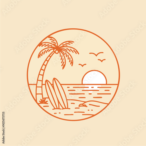 Tropical Sunset with Palm Tree and Surfboards

