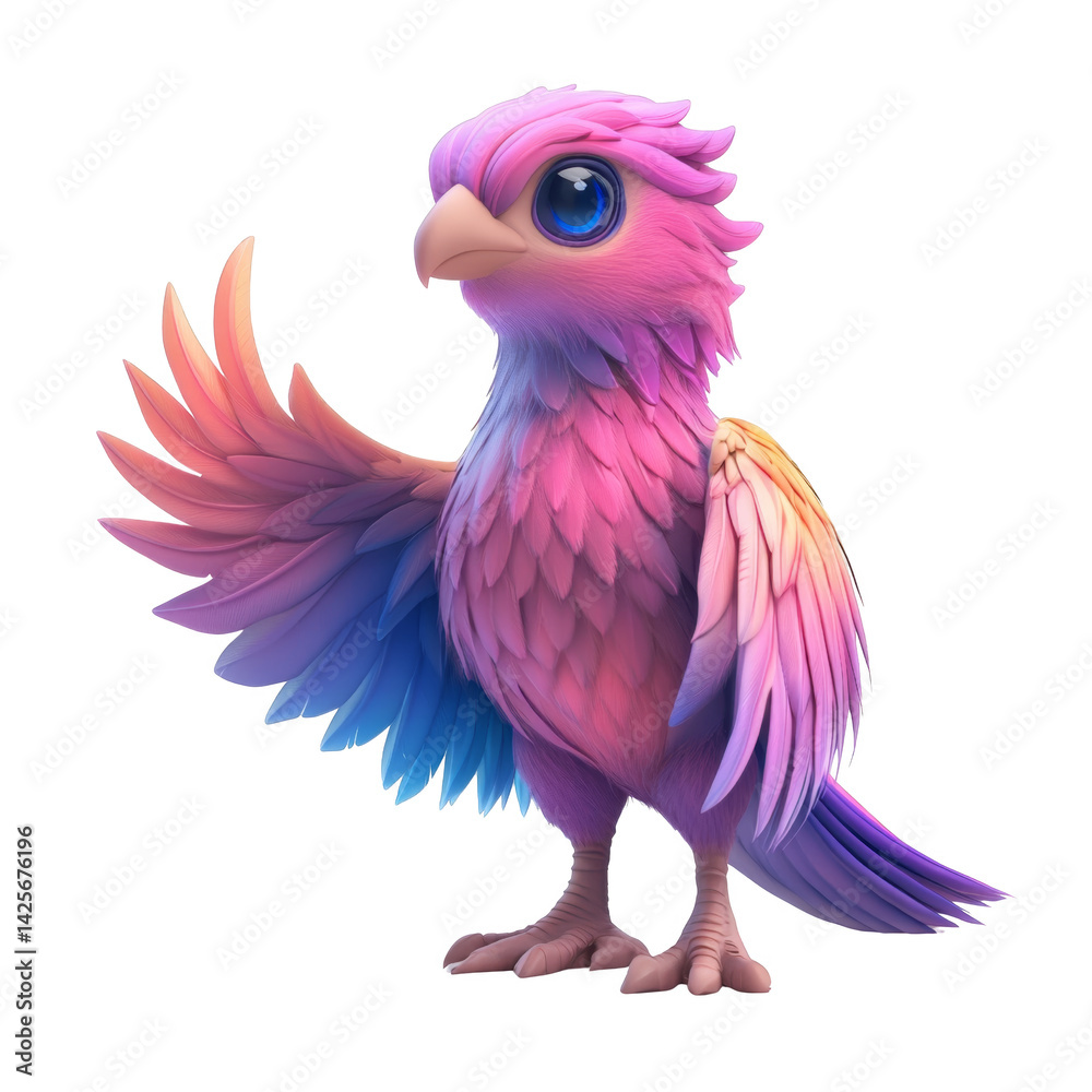 Obraz premium Adorable Pastel Pink Fantasy Bird Cute Cartoon Baby Chick Wings Spread Digital Art Illustration