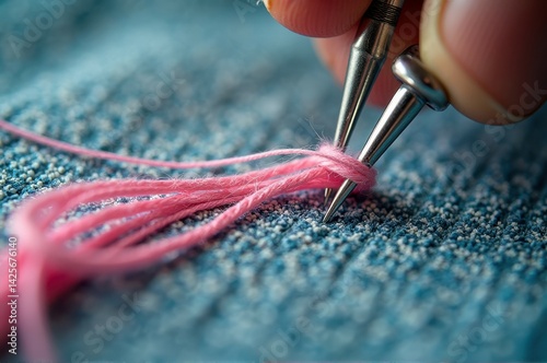 Close-up of hands knitting with pink yarn on blue fabric