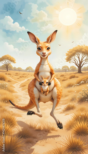 A joyful watercolor kangaroo with a baby joey in its pouch, bouncing across a sunlit outback scene in warm golden tones.

