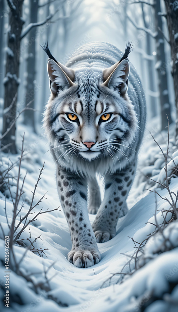 Fototapeta premium A mysterious watercolor lynx prowling through snowy woods, with soft grays, silvery blues, and piercing golden eyes.