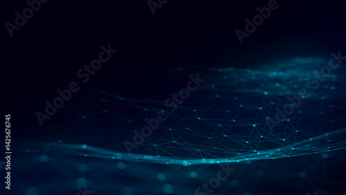 Digital hexagon dynamic wave of particles. Abstract blue futuristic background. Big data visualization. 3D rendering.