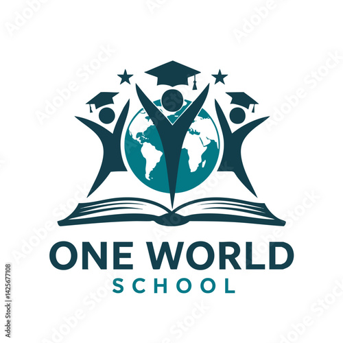 One World School Logo with Globe, Students, and Book
