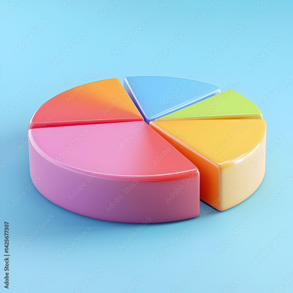 Obraz premium Vibrant Pie Chart: a striking graphic of a pie chart broken into six segments, each a unique vibrant color, resting on a light-blue backdrop.