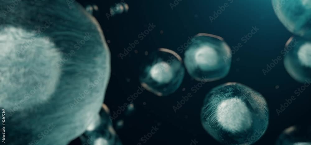 Stem cells dividing under the microscope. Cell division or cloning cells. Cloning close up. Mitosis in process.3d Animation