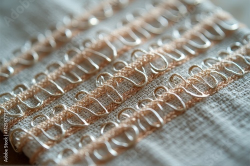 Close-up of beige fabric with intricate lace embroidery pattern photo