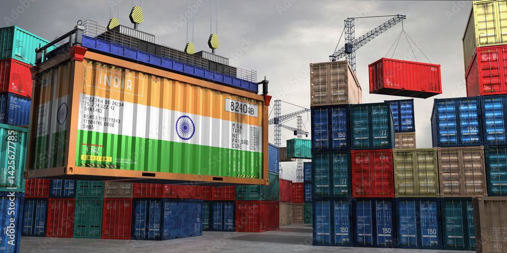 Fototapeta premium Cargo container with flag of India lifted by crane at freight terminal - 3D illustration